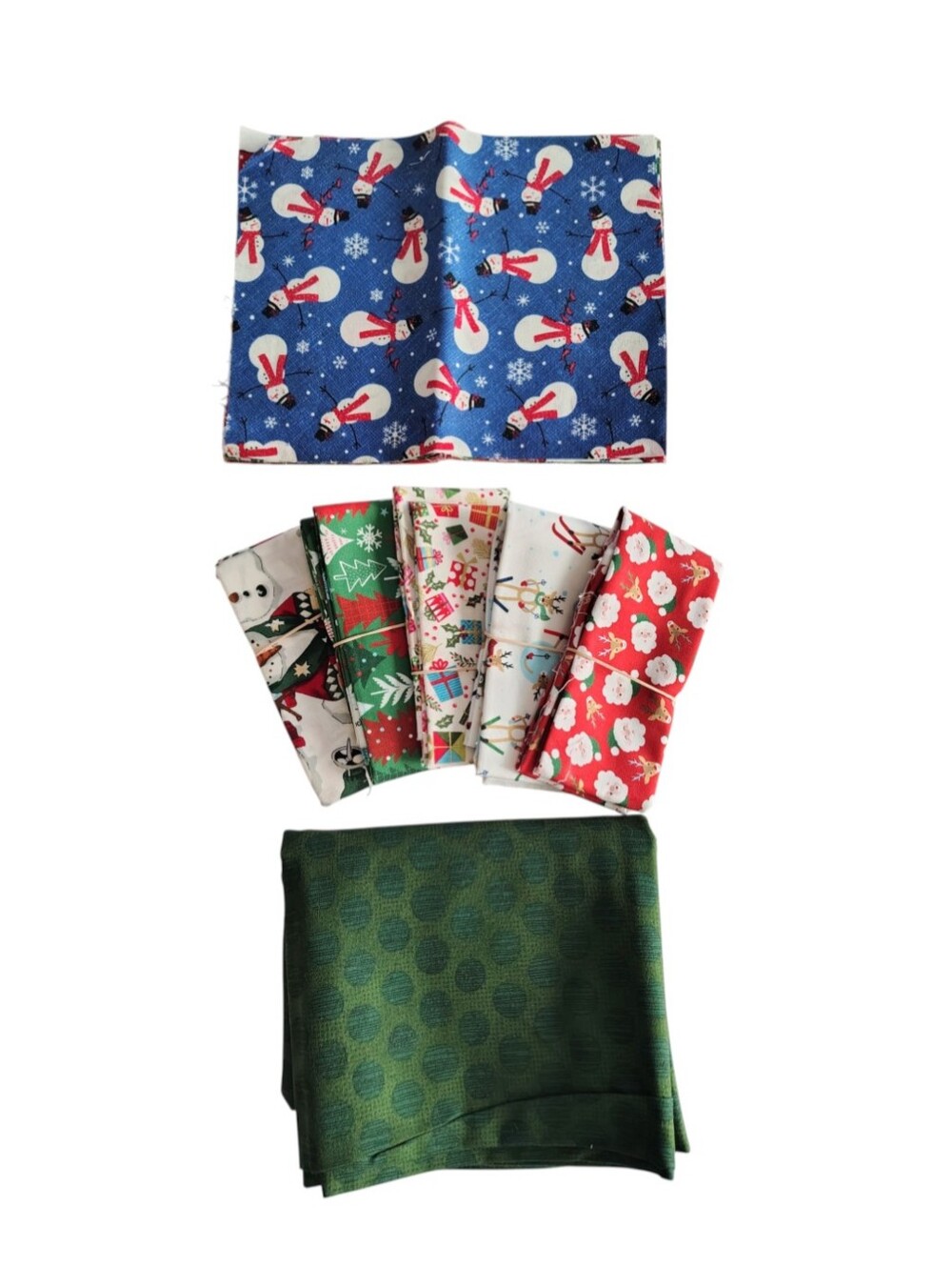 Christmas Quilting Fabric Green Red Snowman Holly Snow Tree Santa Polka Dots Set